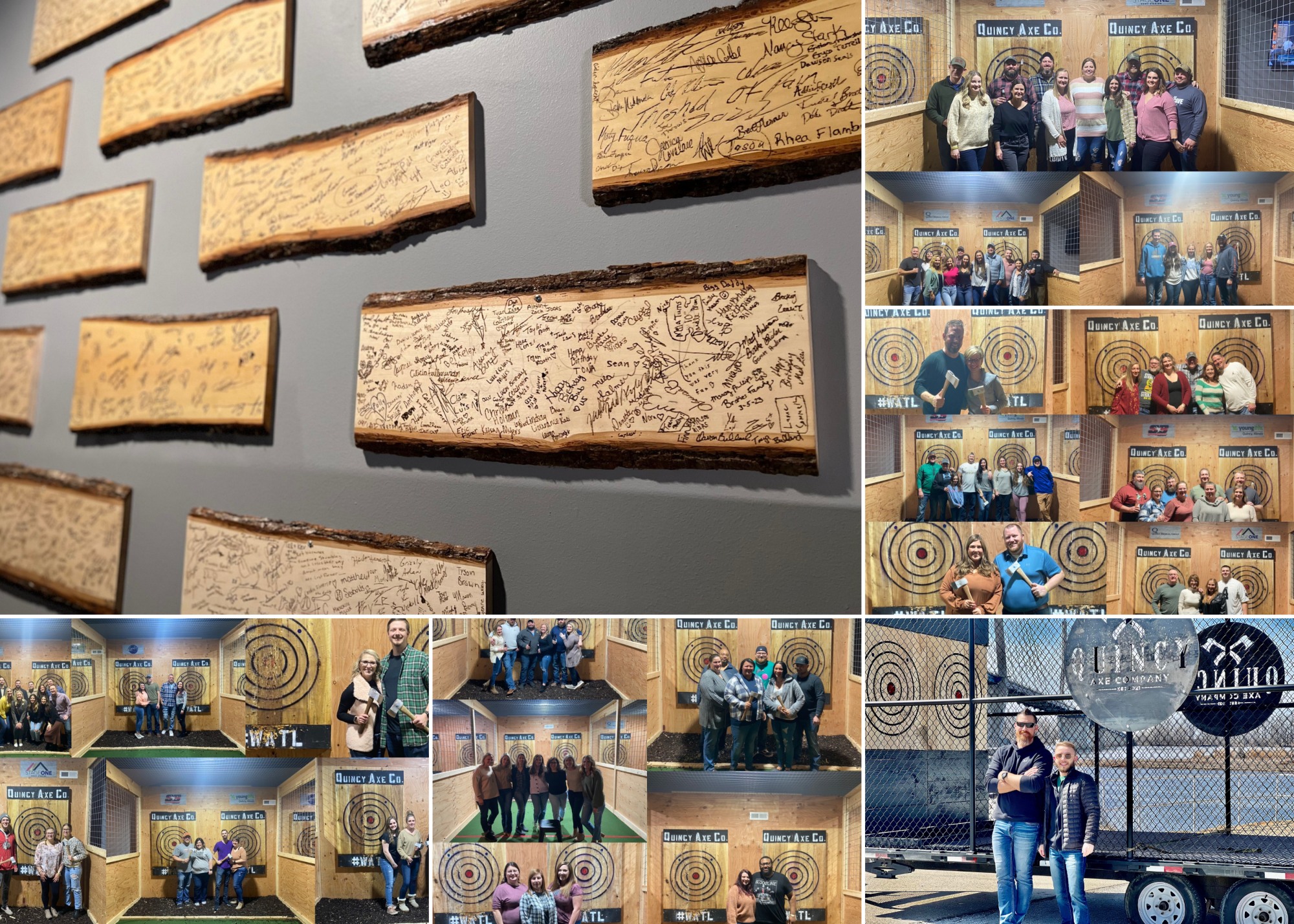 Guests throwing axes at Quincy Axe Company